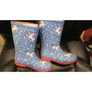 NEW WITH TAGS JOULES MID CALF GIRLS BOOTS LIGHT BLUE WITH WHITE HORSES SIZE 1